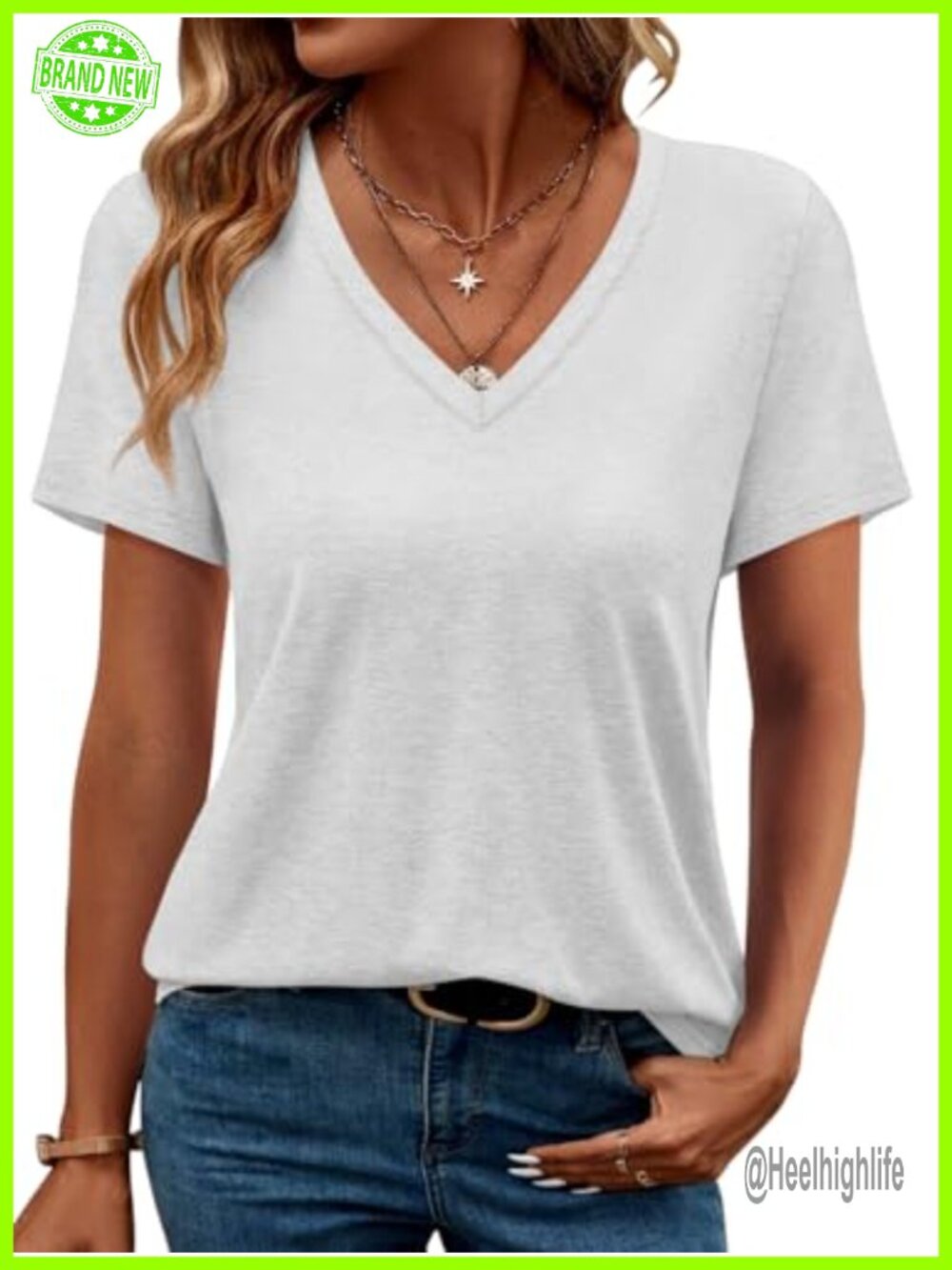 Women's V Neck Short Sleeve Loose Fit Casual Summer Tee